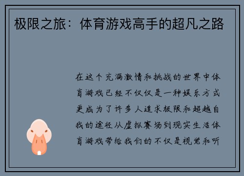 极限之旅：体育游戏高手的超凡之路
